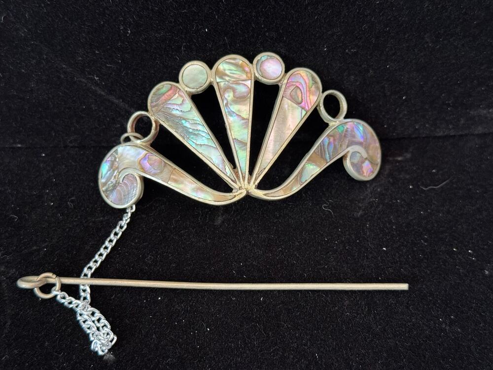 Bun Holder Hair Pin Slide Estate Silver Tone Abalone Shell Fan EUC Vintage